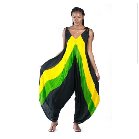 Creations Pants - Creations Jamaican Flag Harem Jumpsuit Black Yellow Green Boho One Size Rayon
